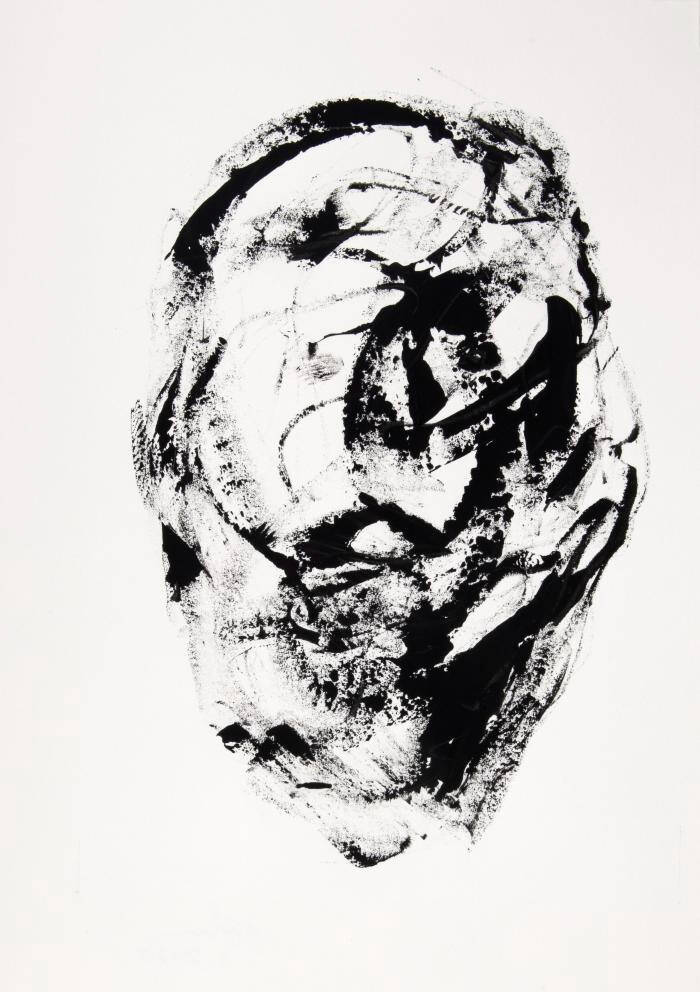 An abstract painting of a face. The background is white and the paint is black.